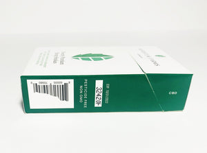 Product displayed resembles a white classic cigarette pack with a large seed/stem logo that is various shades of textured green.  The company logo is on the front flap and the text is in green label with font Manrope.  Pack is laying on its side with green side panel visible features bar code in the shape of Vermont along with other identifiers, including "pesticide free and Non-GMO and the acronym, CBD.